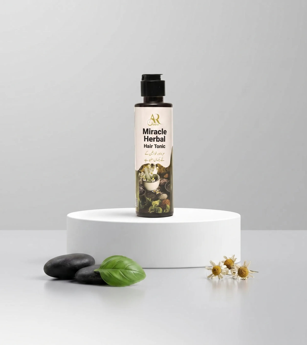 Miracle Herbal Hair Tonic bottle on a white pedestal with natural elements on a light gray background