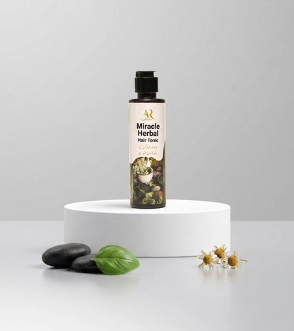 Miracle Herbal Hair Tonic bottle on a white pedestal with natural elements on a light gray background